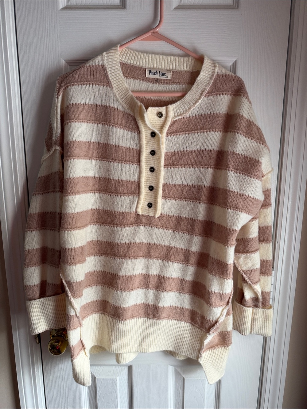 Peach Love California Cream and Mauve Striped Henley Sweater